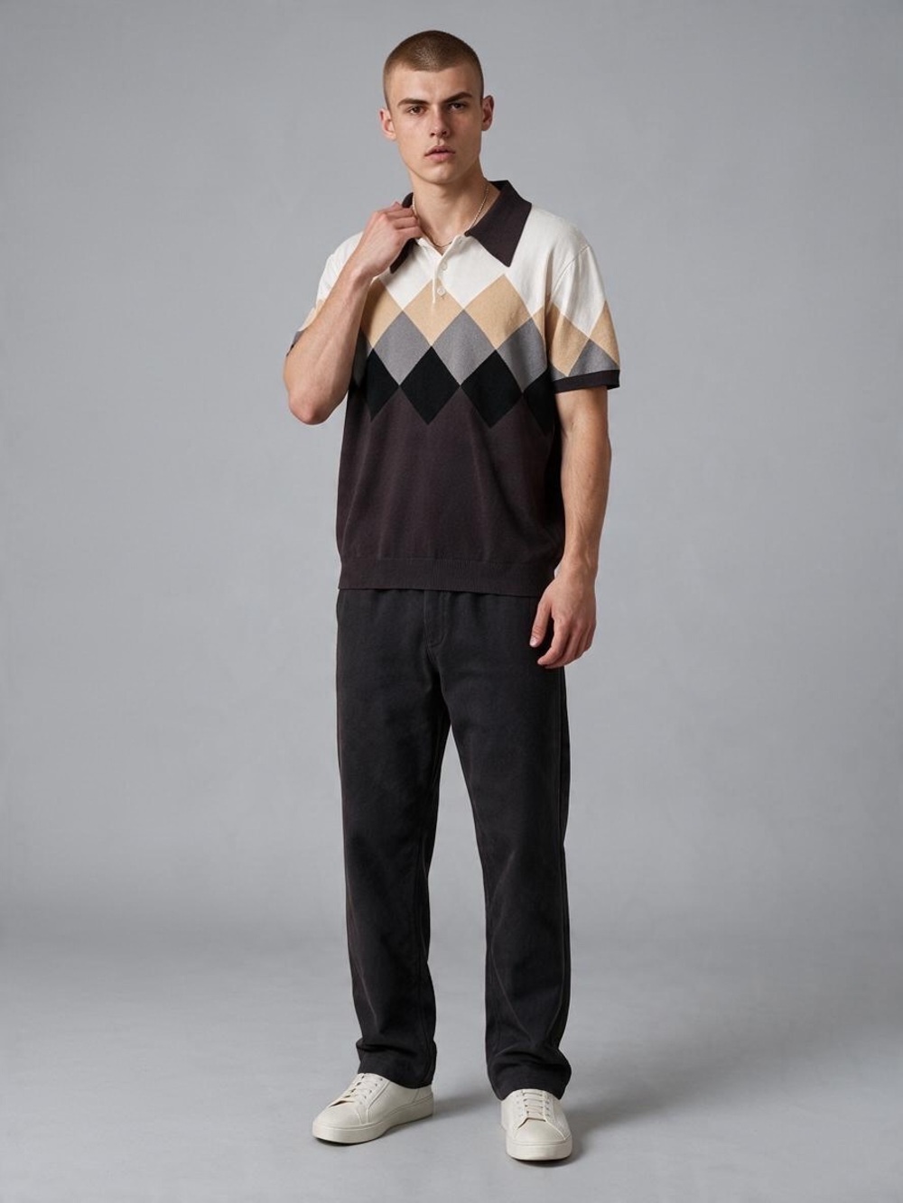 Mens Grace Karin Argyle Short Sleeve Knit Polo Shirt Colorblock Collared
